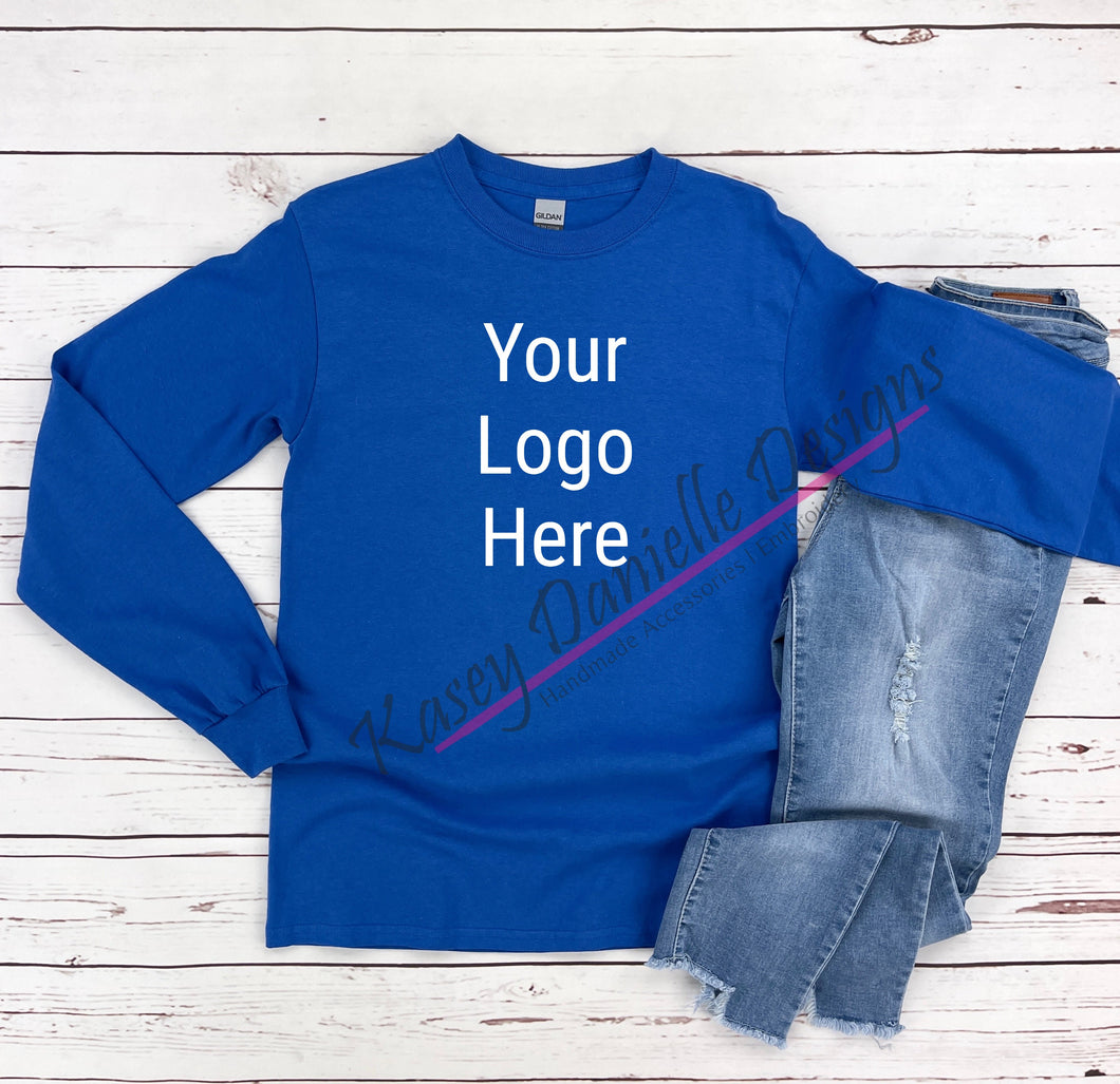 Logo Long Sleeve Printed T-shirt, Your Logo Here Graphic T-shirts, Business Tees, Center Chest Logo, Add Your Logo