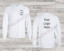 Load image into Gallery viewer, Front and Back Logo Long Sleeve Printed T-shirt, Your Logo Here Graphic T-shirts, Business Tees, Center Chest Logo, Add Your Logo
