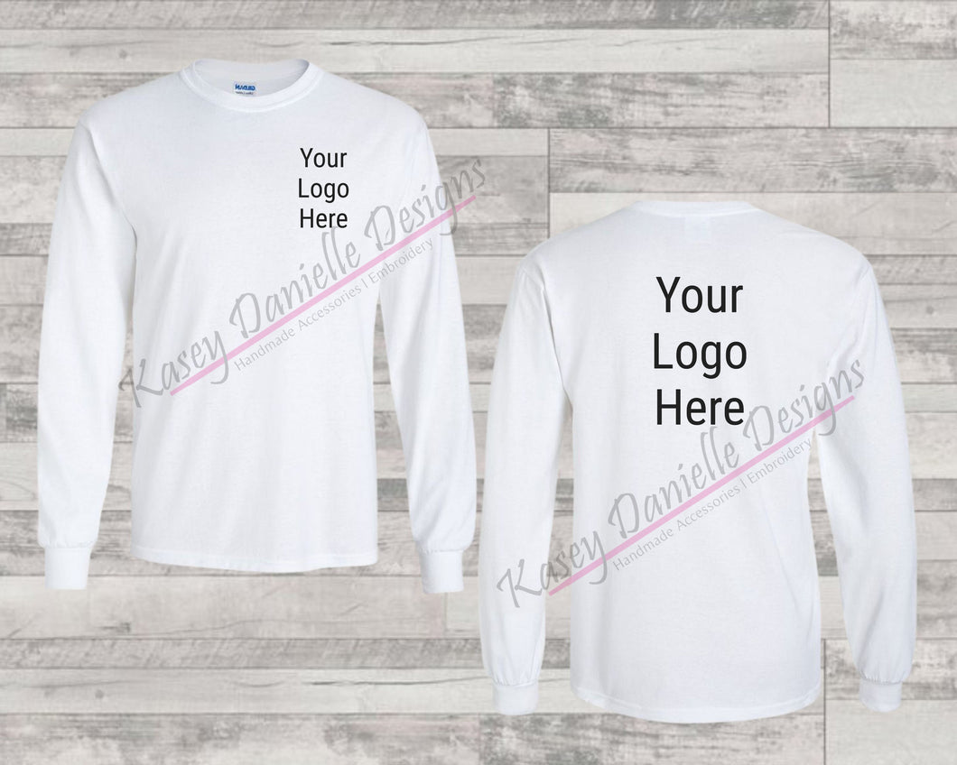 Front and Back Logo Long Sleeve Printed T-shirt, Your Logo Here Graphic T-shirts, Business Tees, Center Chest Logo, Add Your Logo