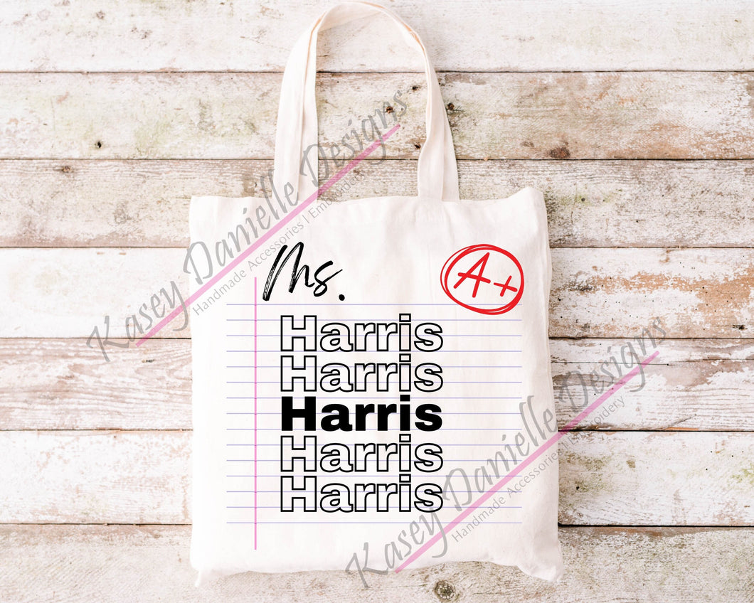 Custom Teacher Name Tote Bag, Personalized Last Name Totes, Back to School, Reusable Shopping Bag, Educator Totes